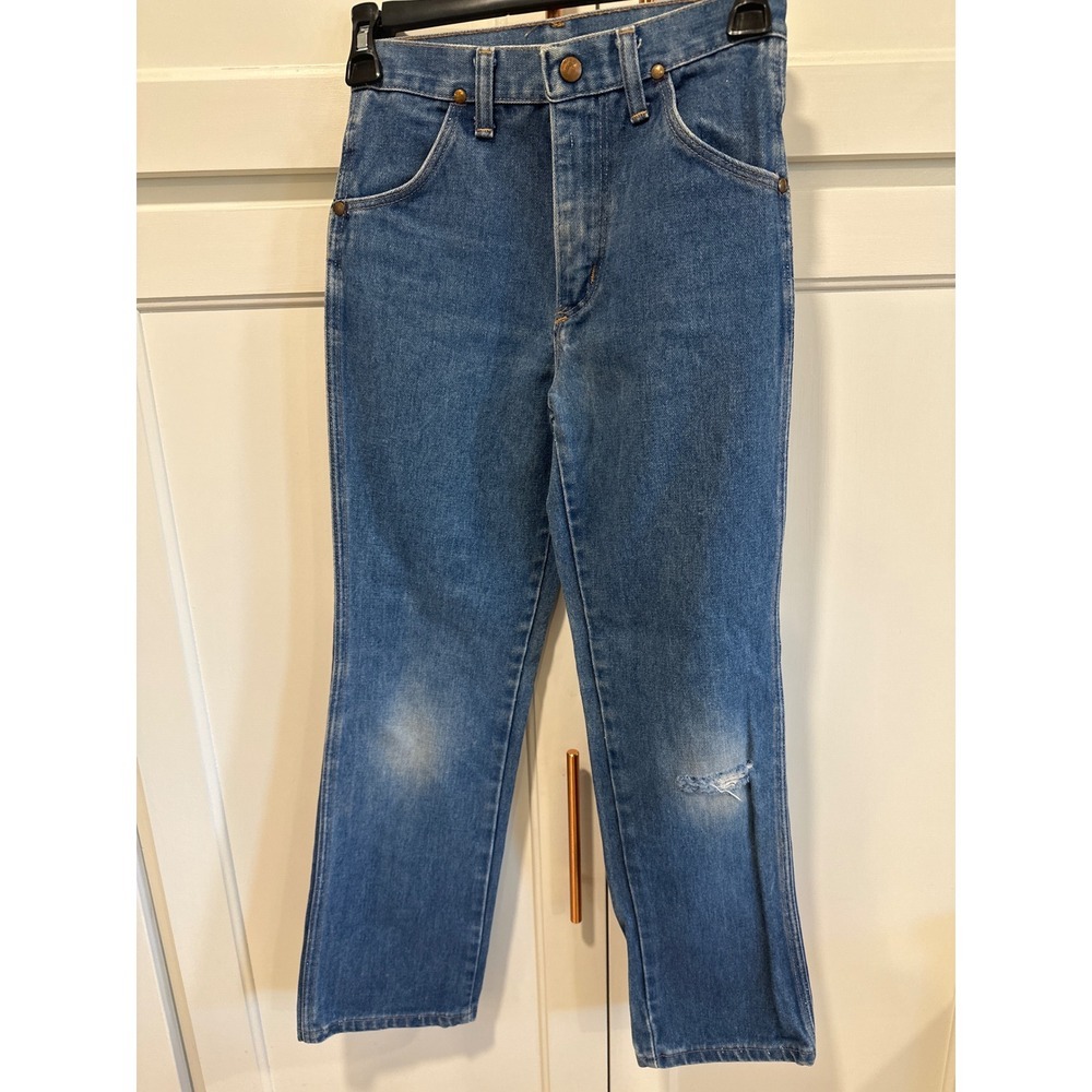 Wrangler Blue Denim 70's Jeans Distressed Ripped Straight Leg kids vintage 12